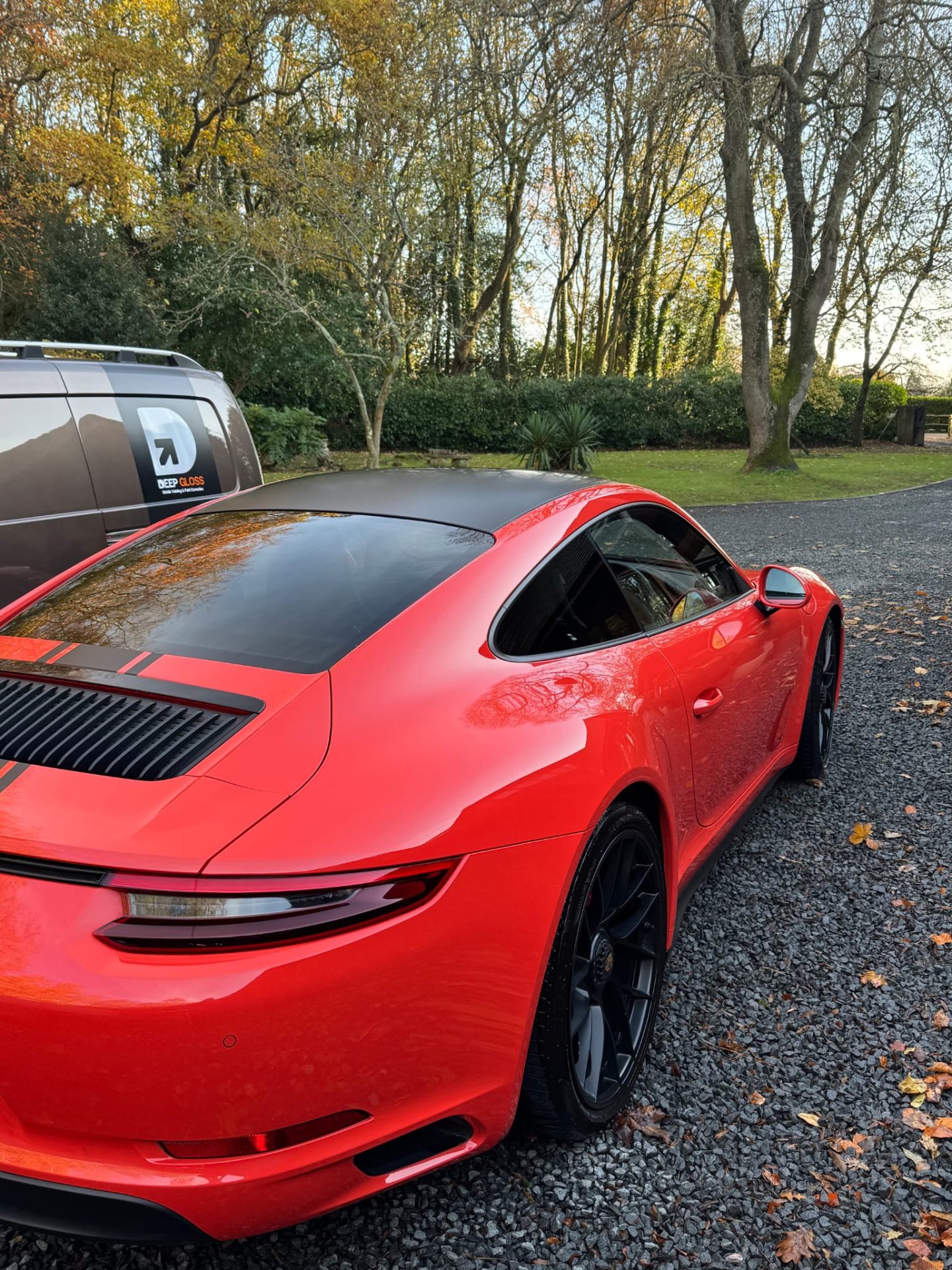 Porsche 911 mobile valeting service with Deep Gloss van on location